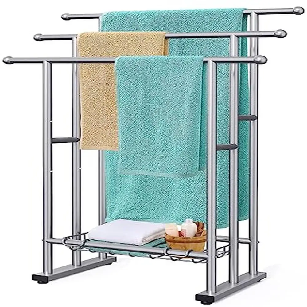 3 Tier Towel Rack with Storage Basket Freestanding Bathroom Drying & Display Rack Anti-slip Foot Pads Quick Dry & No Odor