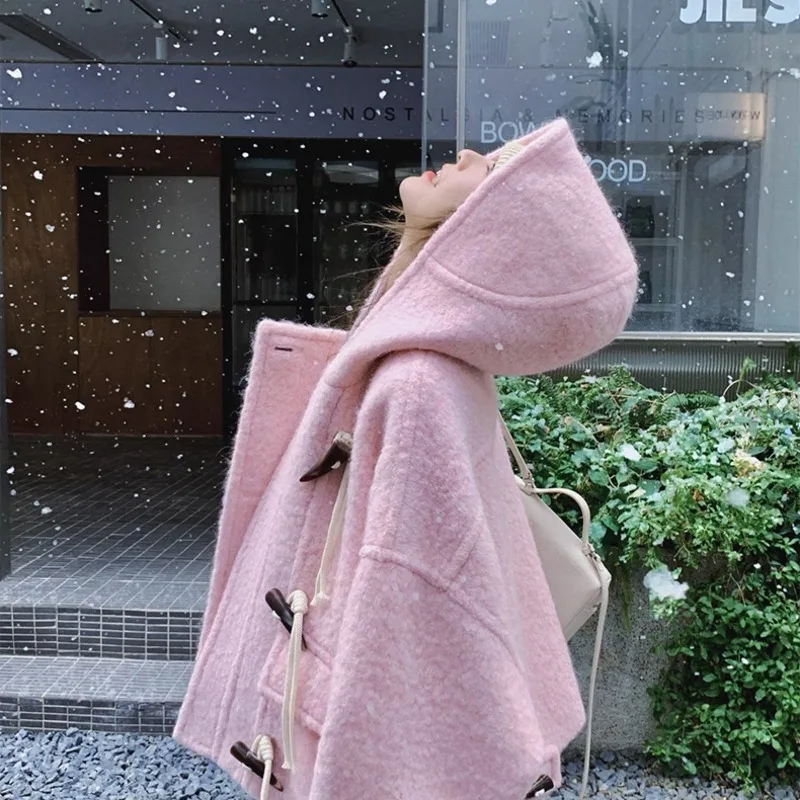 Pink Coat New Coat Femininity Commuting Age-reducing Solid Color Jacket Fleece Thickened Fall and Winter Hooded Women's Clothing