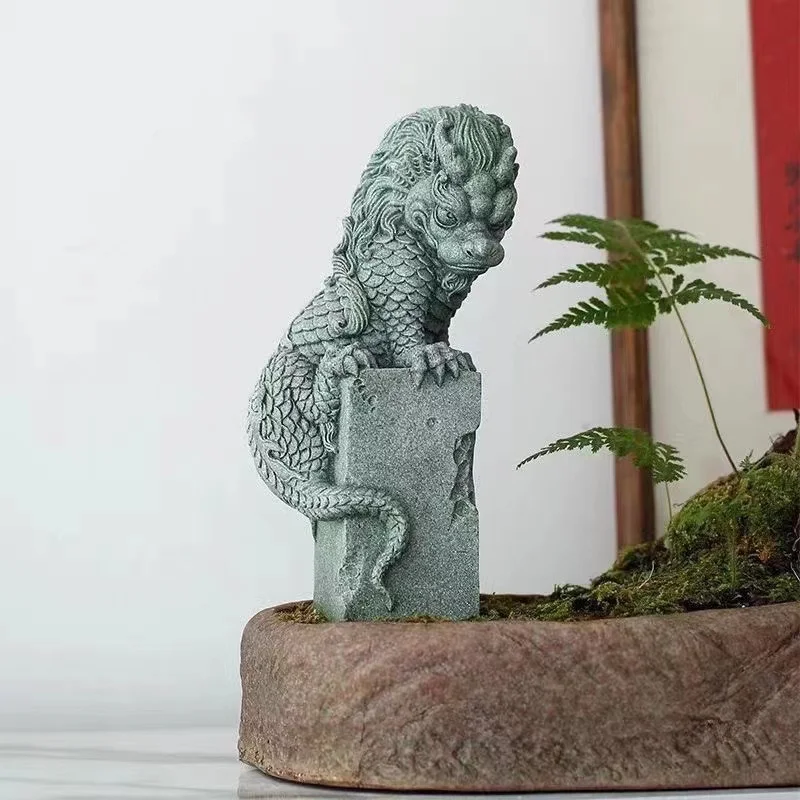 China Mascot Pan Dragon Pillar Decorative Statue Green sand stone sculpture Home Living Room, Room Office Aquarium Statue