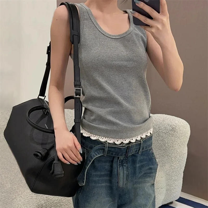 

Women's vest New lace patchwork sleeveless top for winter 2025 Cotton blend round neck T-shirt Elastic ribbed knitted corset y2k