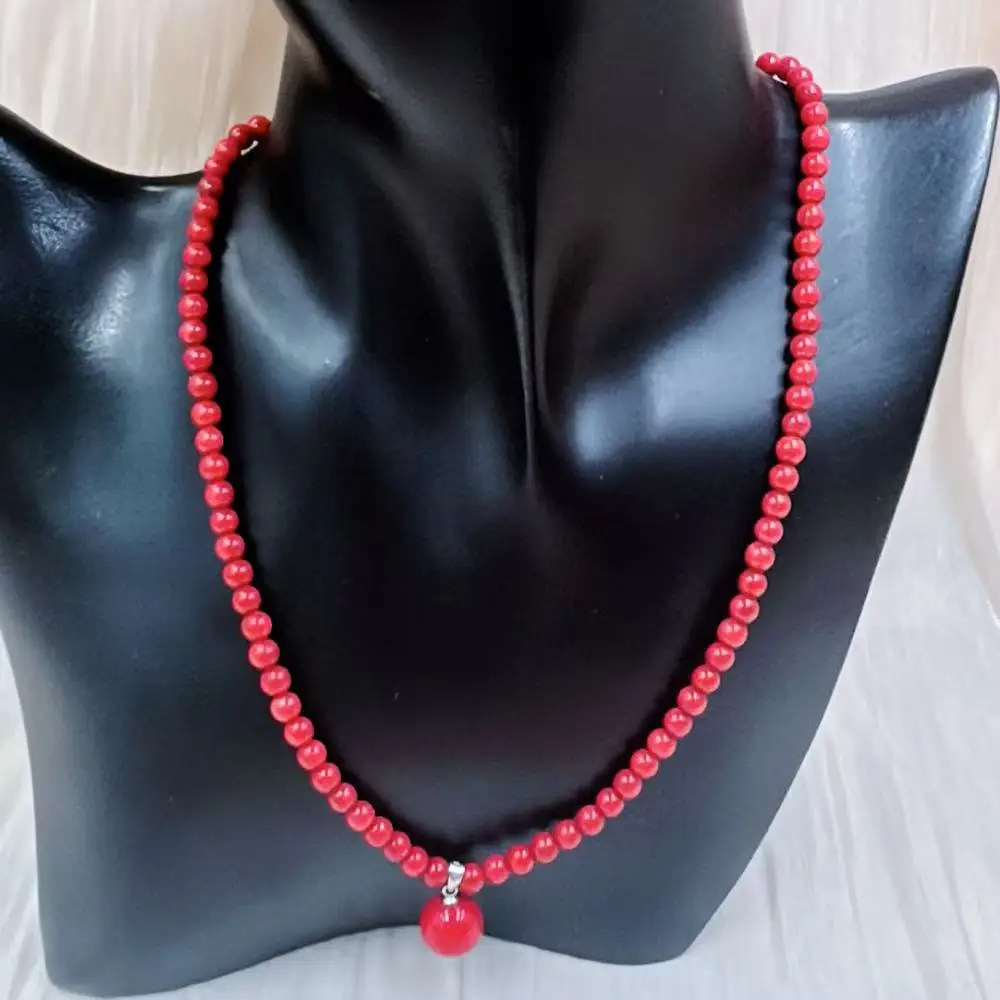 

6-8mm Round Red Vintage Women Jewelry Natural Sea Bamboo Coral Shell Short Pendant Necklace 17-20inch