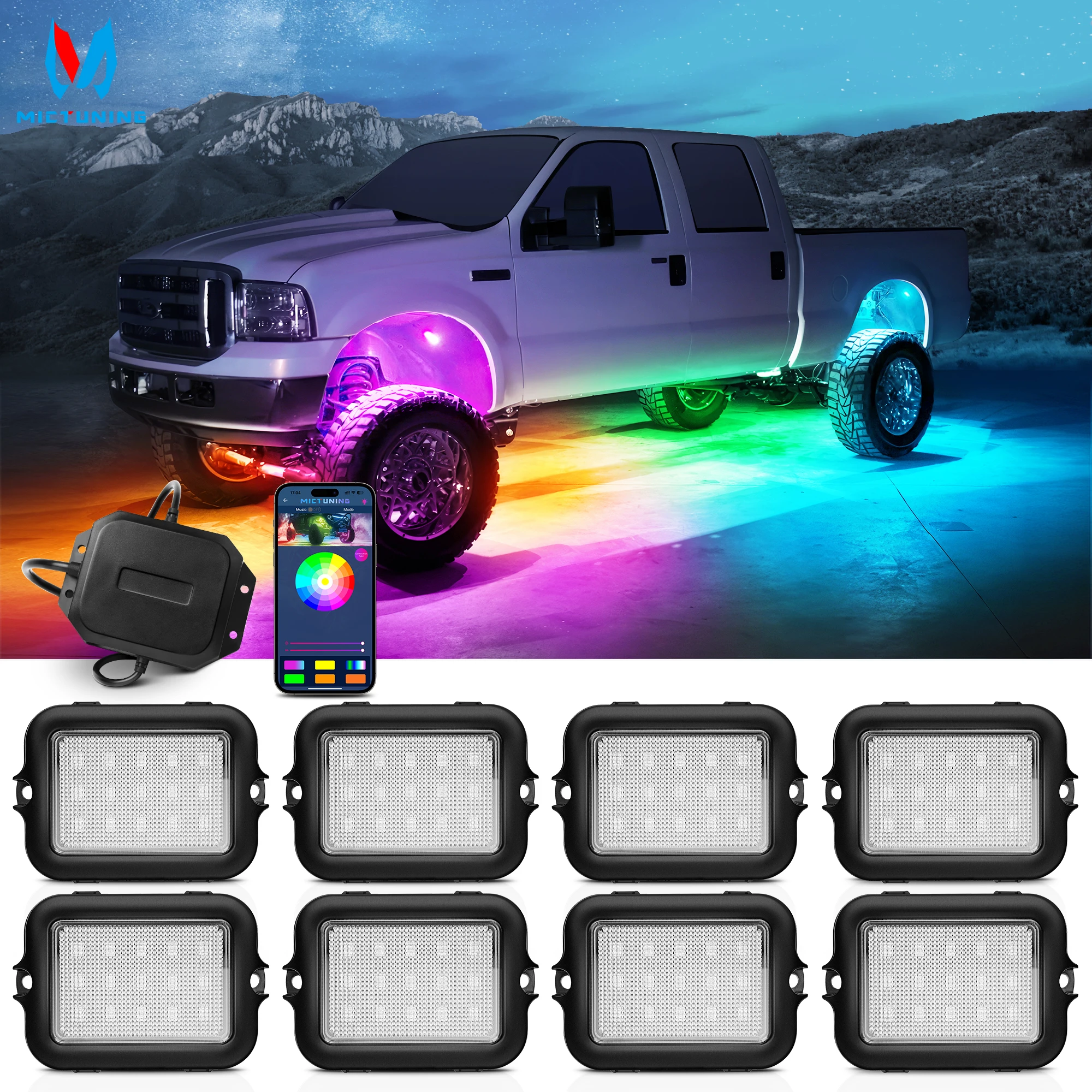 

8 Pods Y1 Extensible RGB+IC LED Rock Lights Kit Chasing Color, Multicolor Neon Underglow Lighting Kit with Wireless APP Control