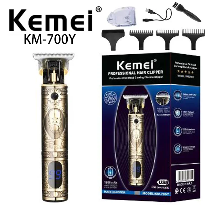 Kemei Km-700Y Retro Design Carbon Steel T Blade LCD Digital Display Rechargeable Electric Hair Clipper