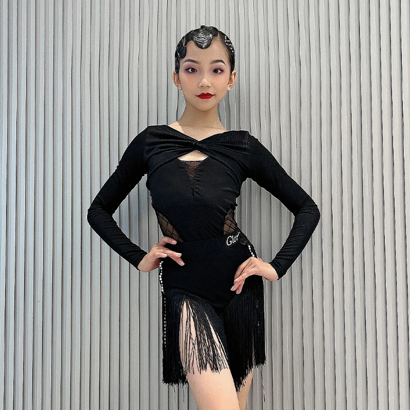 

New Latin Dance Costume Girl's Long Sleeve Shawl Tassels Skirt Set Tango Performance Practice Clothes Line Dance Costume XH1572