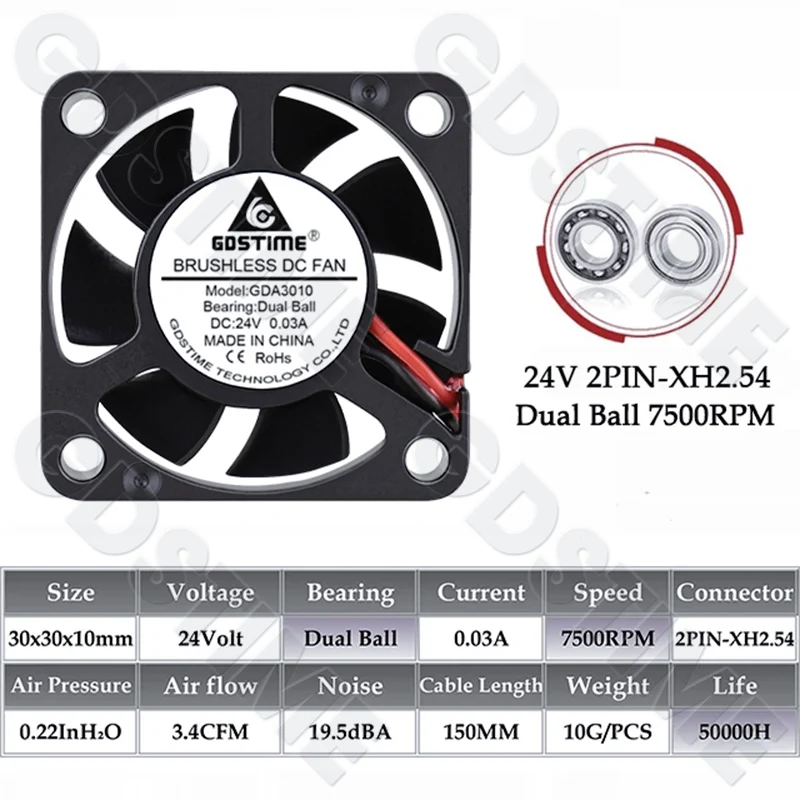 GDSTIME 3010 Lüfter 24V Kugellager Bürstenloser Lüfter 30x10MM 12V 5V Kühllüfter 30MM Mikrolüfter für Autolampe, 3D-Drucker-Kühlung