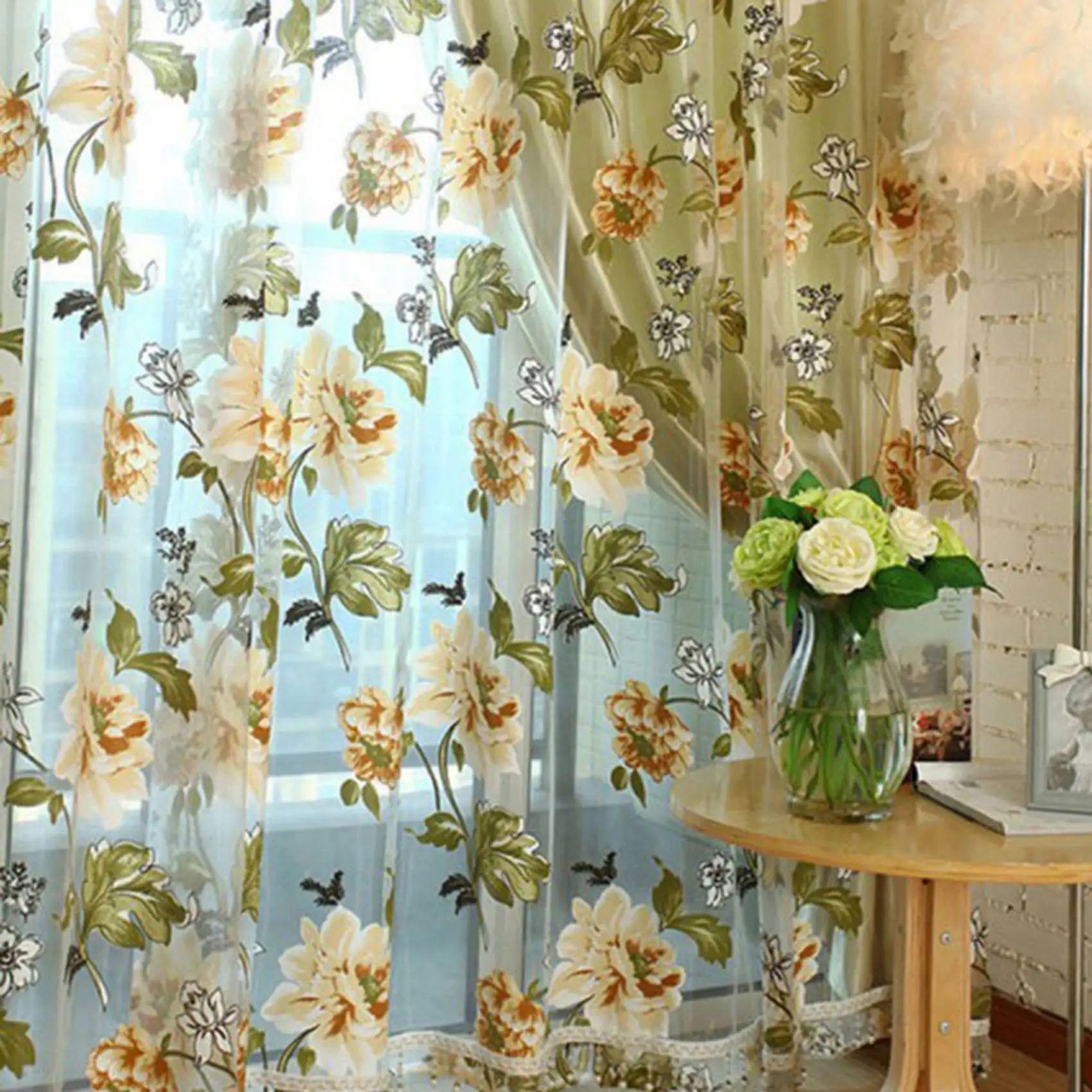 A56K Glass Door Decorative Curtain Bedroom Peony Voile Curtain Tulle with Lace Ham Pendants French Window Drape Sheer,