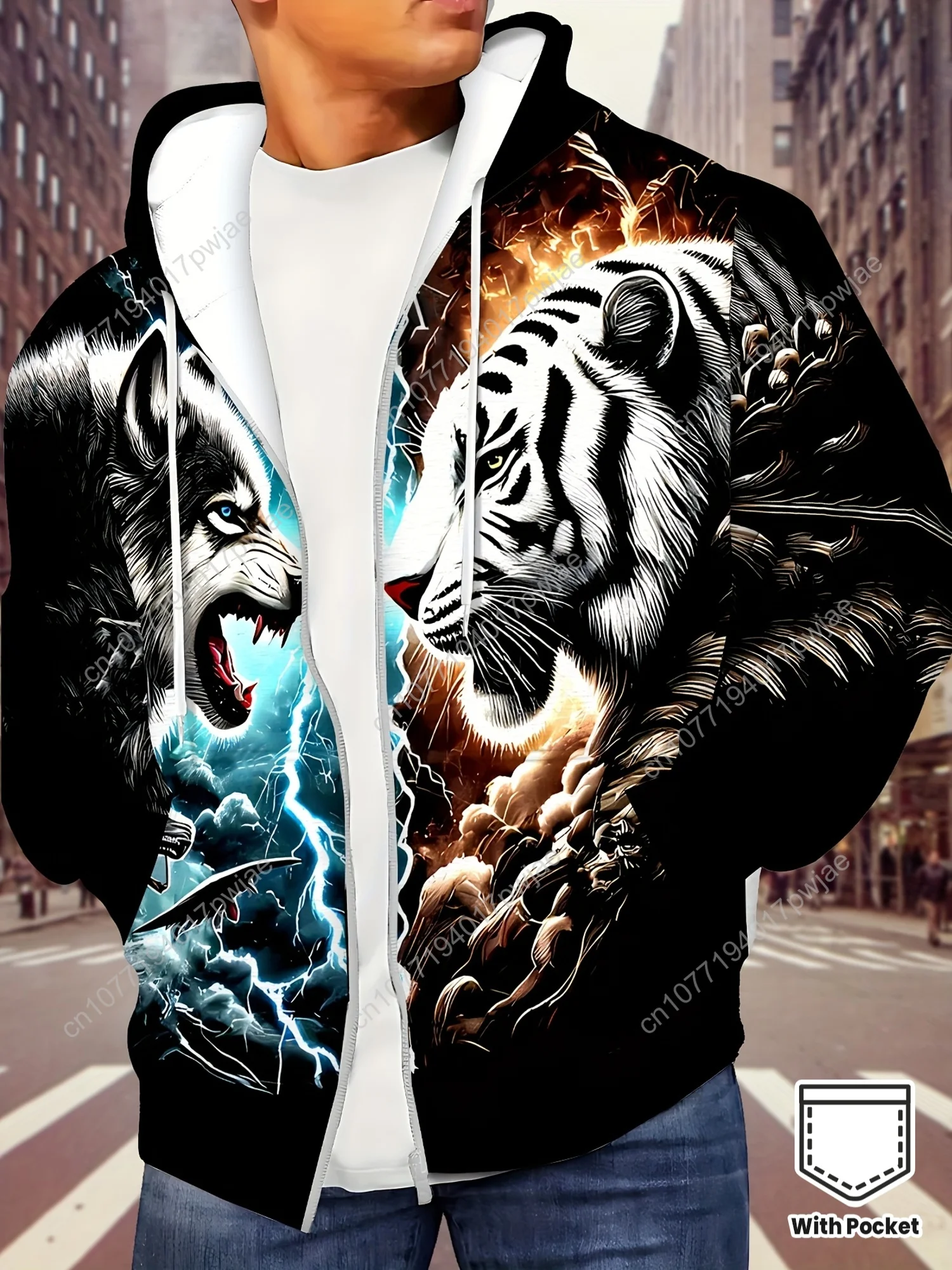 Moletom masculino com zíper e estampa Tiger & Wolf – manga comprida, cordão, bolsos |   Jaqueta casual outono/inverno ao ar livre |   Poliéster, Machi