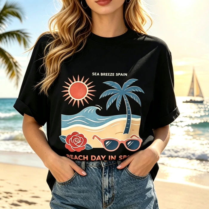 Vintage Spain Travel Souvenir T Shirt Women Sun Palm Tree Beach Graphic Casual Short Sleeve Vacation Daily Tops Y2k Cotton