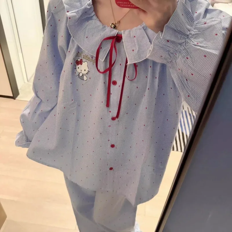 

Милый комплект домашней одежды Kawaii Girl Hello Kitty в стиле Ins: пижама с синим кружевом для полных девушек (размеры MM+), свободный крой, длинный рукав, весна-осень