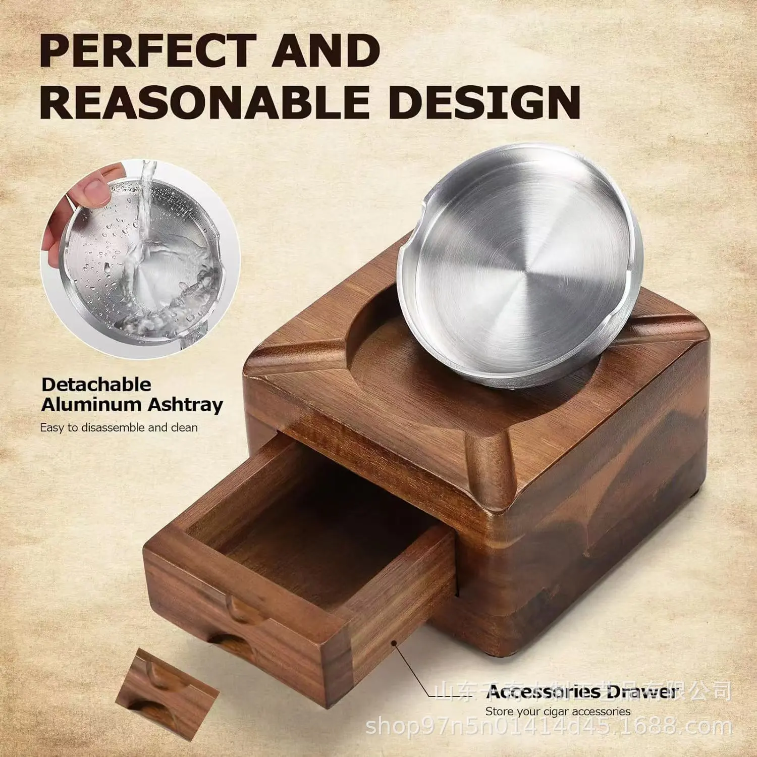 

Wood Cigar Ashtray with Drawer, Detachable Aluminum Liner, 4 Cigar Holders, Easy Clean Luxury Men Cigar Smoking Accessories