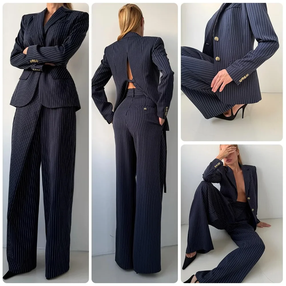 Trendy Striped Blazer and High Waist Pants Set Back Tie Design Summer 2026