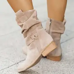 Stivali da cowboy occidentali 2024 Stivaletti da donna Tacchi bassi Stivali in pelle scamosciata Fibbia in metallo Zip laterale Taglia 43 Stivaletti corti Scarpe da donna