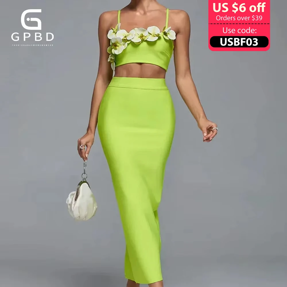 GPBD Summer Green Three-dimensional Flower Sling Set Bandage DressAnkle-Length  Evening Gown Birthday Party  Bodycon  Dresses