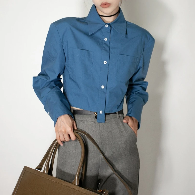 

Deeptown Blue Asymmetrical Women Shirts Elegant Basic Long Sleeve Pockets Cropped Blouses Slim Korean Fashion Office Lady Casual