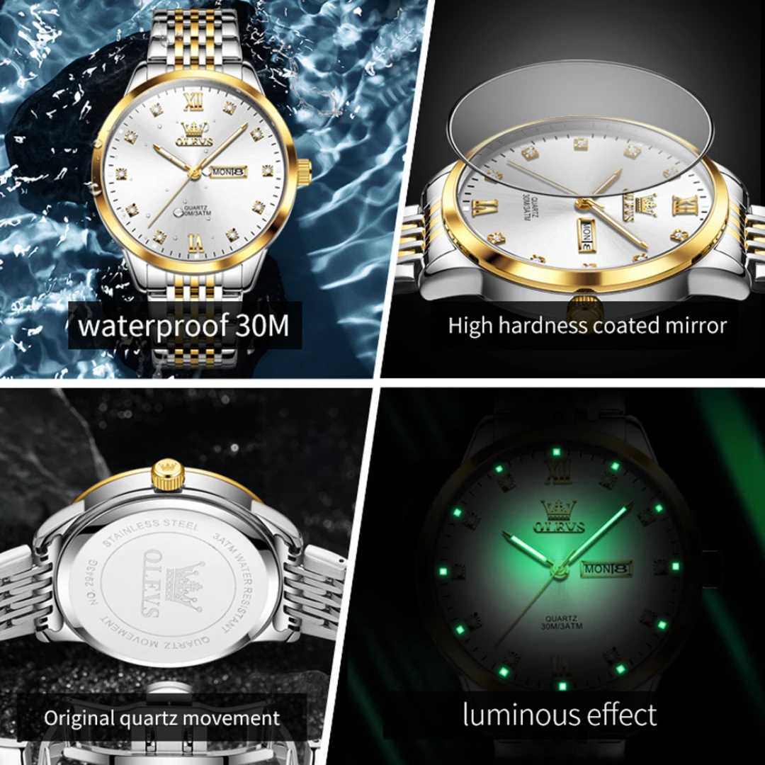 OLEVS 2943 Fashion Quartz Watch Gift Stainless Steel Watchband Round-dial Wristwatch Week Display Calendar