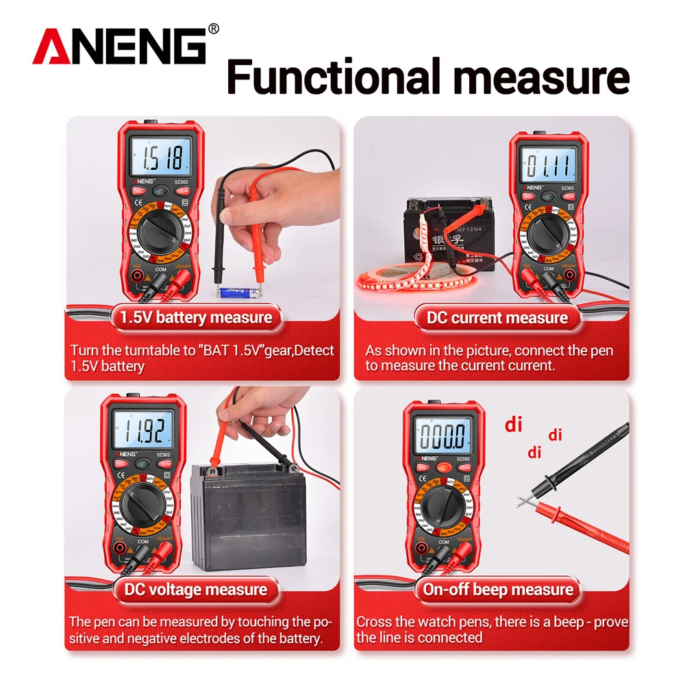 ANENG SZ302 Multímetro Digital, AC/DC Votage Atual, Tester Automático, Detector NCV, Resistência Ohm Amperímetro, Medidor de Capacitância