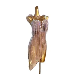 Latin Dance International Stage Women's Wear High end Customized Micro transparent Crystal Dress Samba Diamond Performance Dress