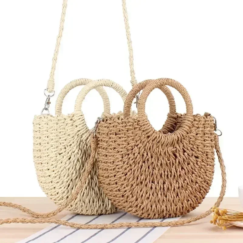 LW034 bolso de paja tejido de ratán medio redondo hecho a mano para mujer, bandolera de verano, bolso de playa pequeño para niñas