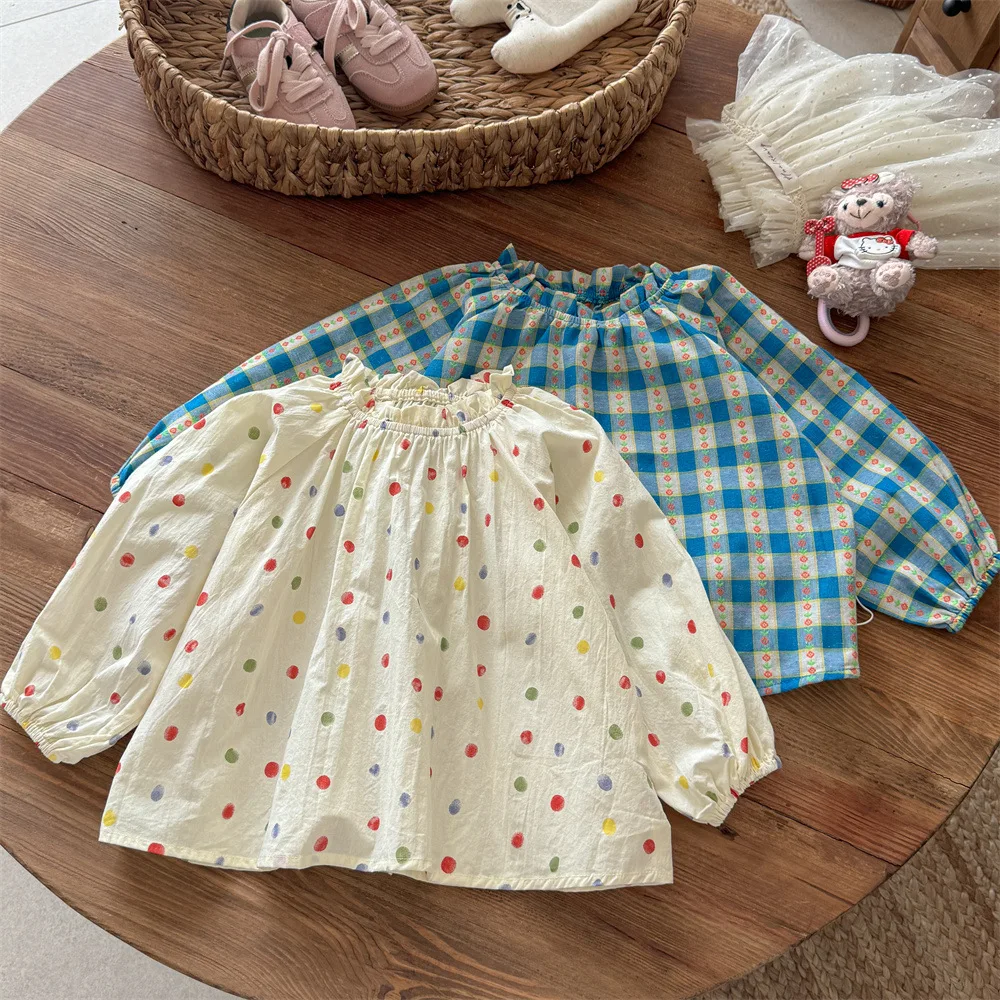 

2025 Autumn Baby Girls Tops Flower Printed Plaid Round Neck Toddler Girls T-shirts Loose Soft Long Sleeves Kids Baby Girls Tees