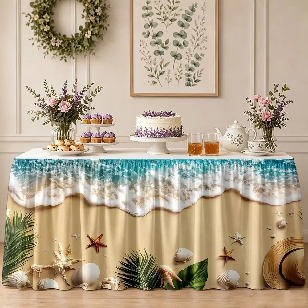 One party table dress - seashell, starfish, palm leaf, beach scene, ruffled edge table skirt