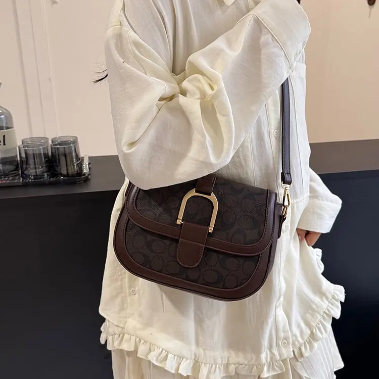 

Vintage Quilted Saddle Bag for Women Retro Monogram Canvas Brown PU Leather Shoulder Crossbody Bag