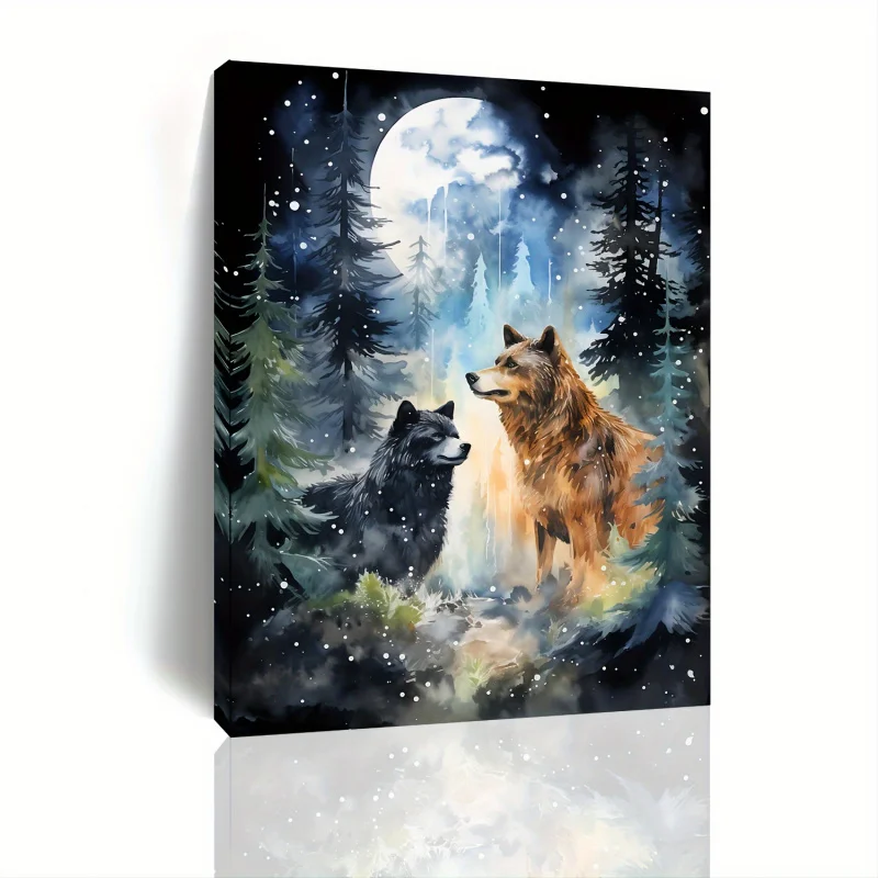 1pc Wolf Blue Moon Wooden Framed Canvas Painting - Sets Modern Nature Animal Photo Home Wall Art Decor with Gallery