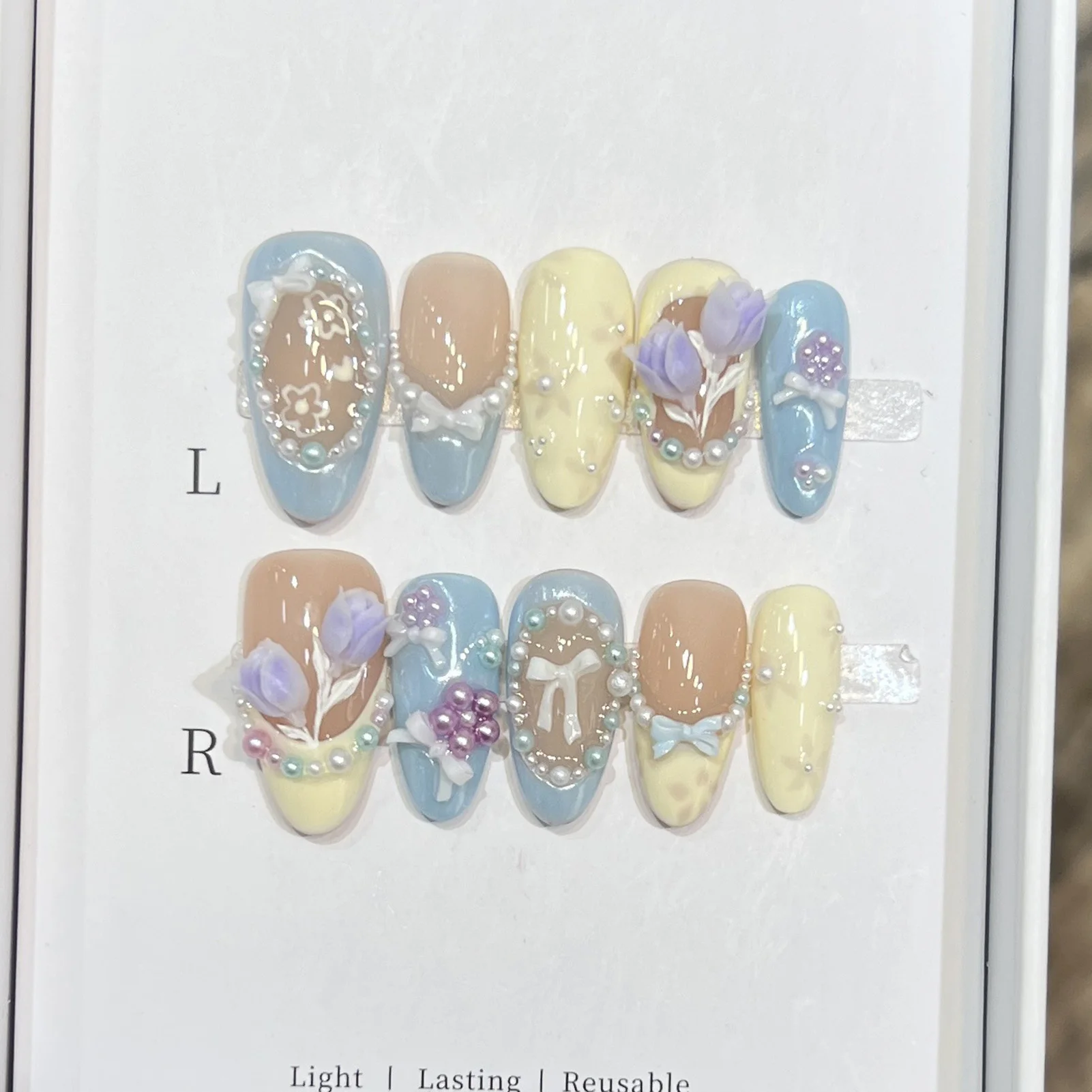 

10 шт., ручная работа, милые банты, жемчужно-фиолетовая роза, декор в виде цветов, милые накладные ногти, цвет макарон, миндаль, накладные ногти