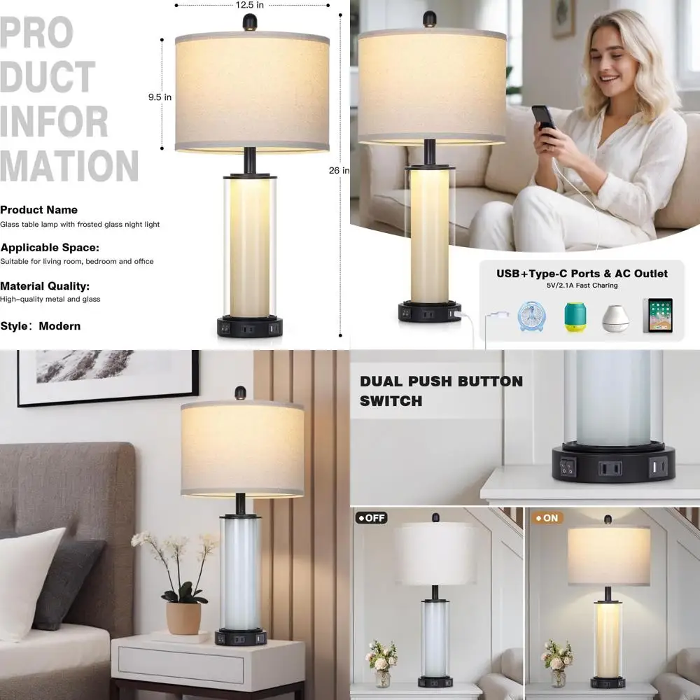 

Set of 2 Modern 26 Glass Table Lamps with Frosted Night Light, USB & AC Outlet for Living Room and Bedroom