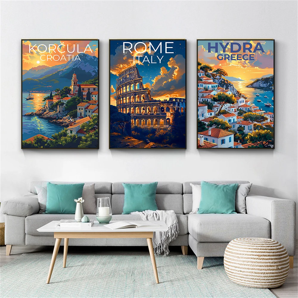 Lake Garda Travel Poster Colorful Italy Travel Scene Art Landscape Print Valletta Malta Switzerland Canvas Painting Home Decor