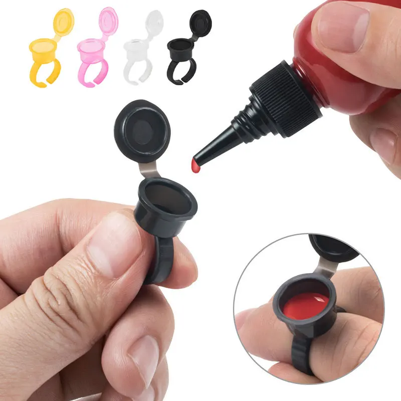 

50Pcs Disposable Tattoo Ink Ring Cups Microblading Permanent Pigment Cap Ring With Lid Eyelash Glue Holder Makeup Supplies