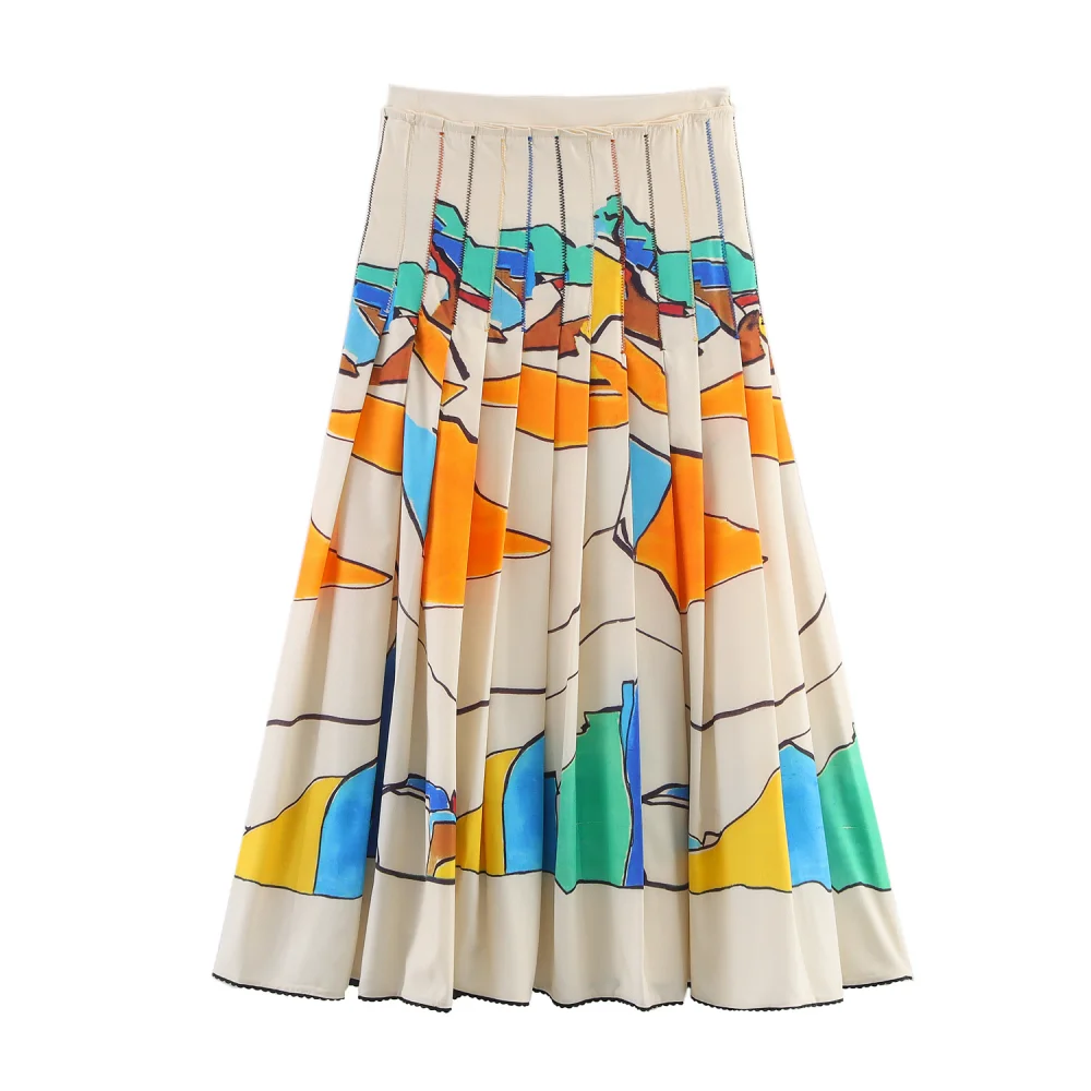 

UNIZERA Women's Seam Loose Half Skirt Printed Zipper Splicing Edges Folded Spring/Summer New Versatile Half Skirt