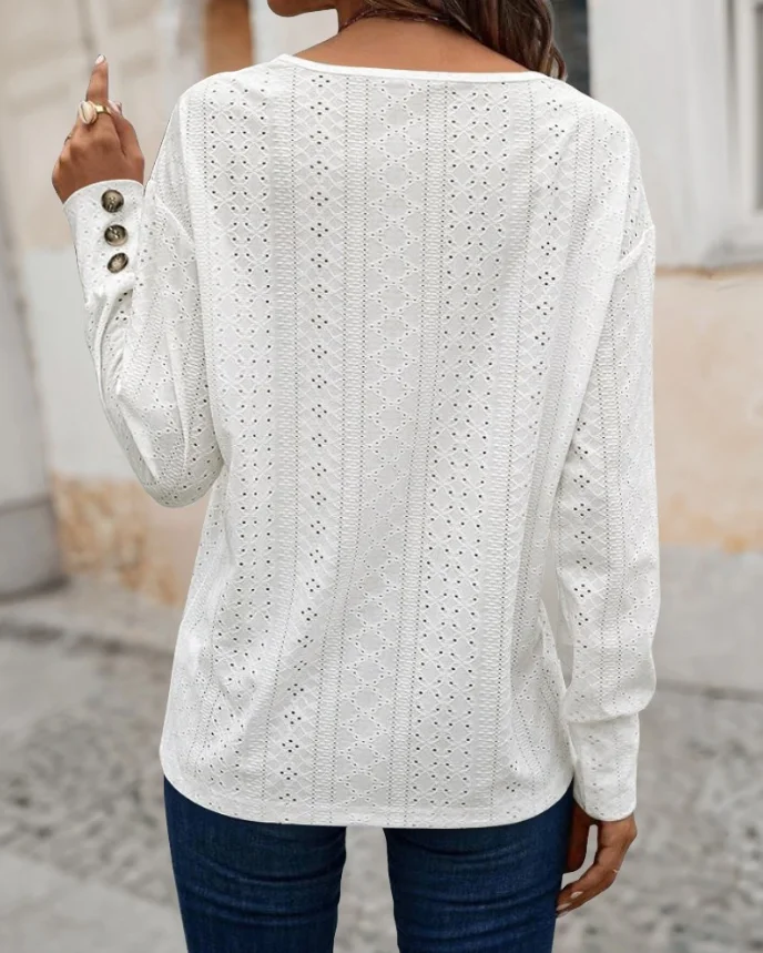 Eyelet Embroidery V-Neck Long Sleeve T Shirt Casual Hollow-Out Button Decor Top Casual Long Sleeve T-Shirt for Women