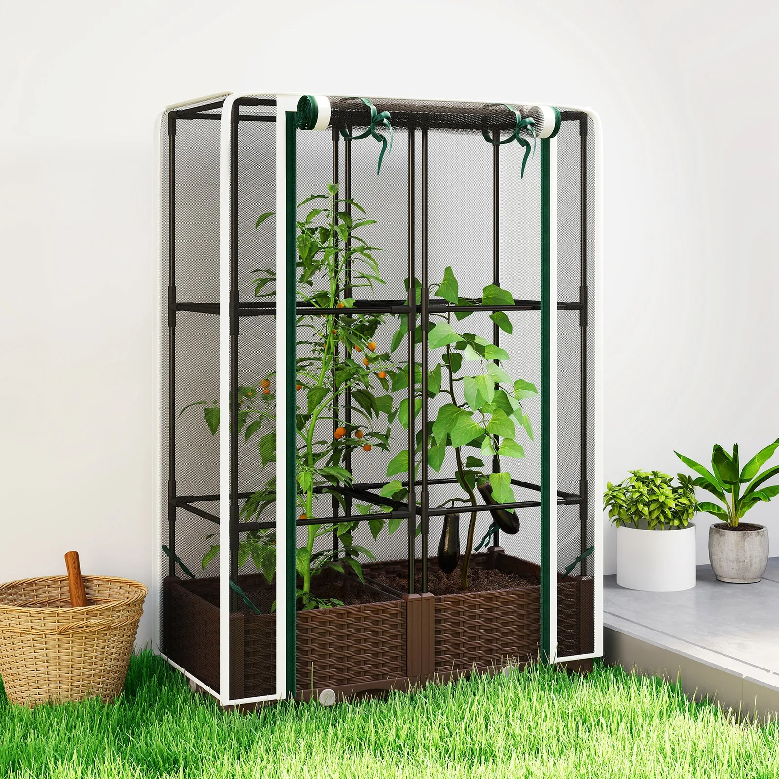 

Raised Garden Bed with Trellis, Tomato Cage with Crop Cage, White