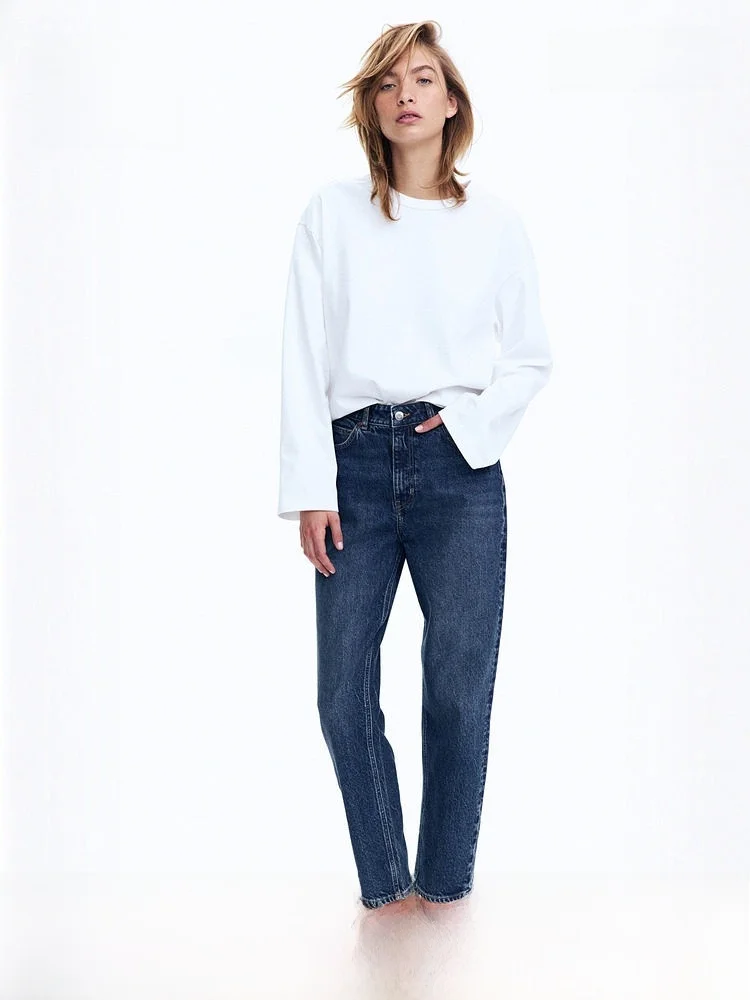 

High Waist Ankle-Length Mom Jeans Slim Fit Elegant Style Cotton Blend Stretch Denim Ladies Summer New Arrivals H&M 0941666