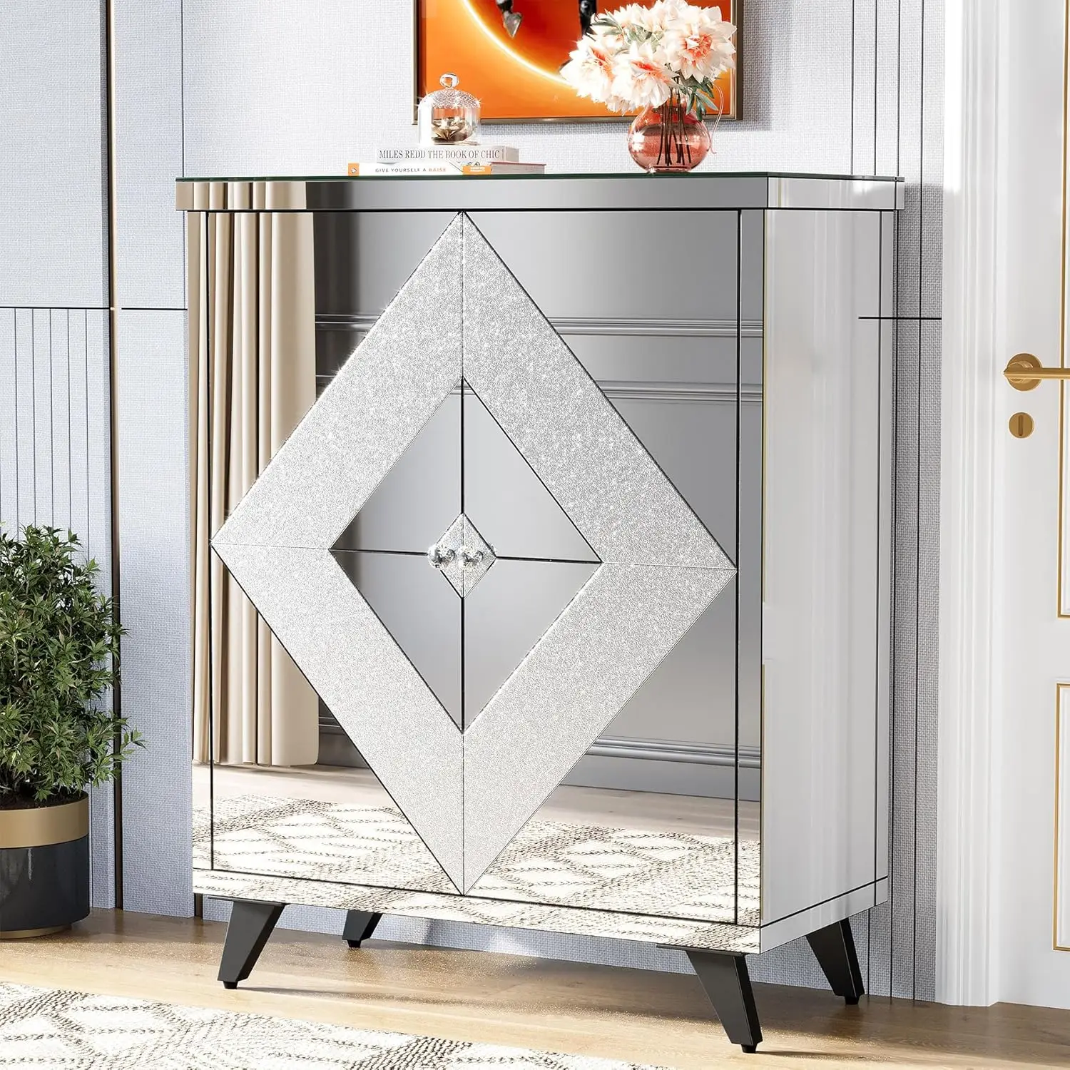 Mirrored Shoe Cabinet with Doors, Entryway Slim Shoe Storage Cabinet with Crystal Crush Diamond, Modern Glass Shoes R