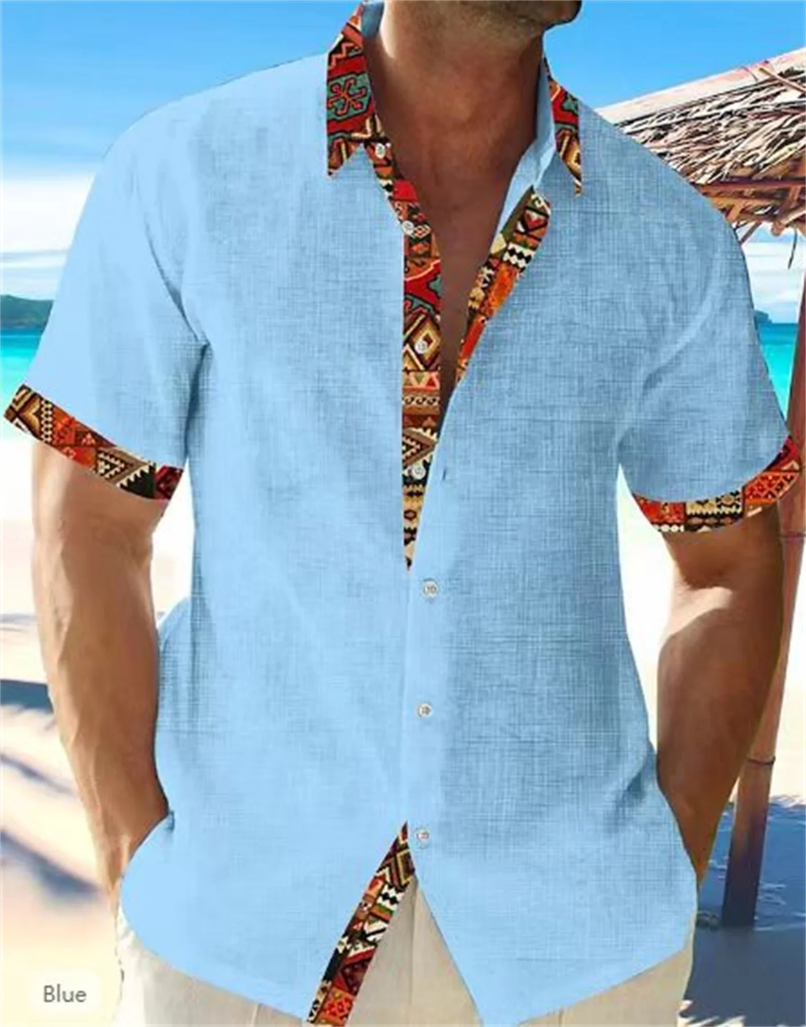 Men's linen simple retro 3D printed ethnic style casual vacation shirt men's business short-sleeved lapel button large-size top