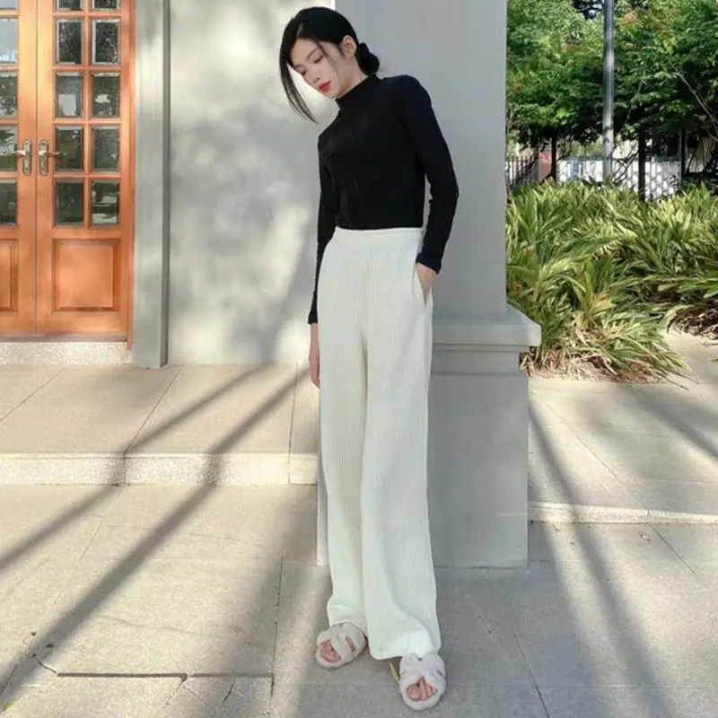 Simplicity Autumn Winter Corduroy Pants Women Solid Pockets Elastic High Waist Fashion Straight Wide Leg Ankle Length Trousers