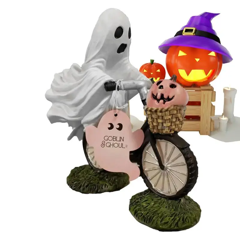 Ghost Riding On Bike Halloween Pink Pumpkin Statue Resin Ghost on Bike Riding Figurine for Halloween Decorations Party Props