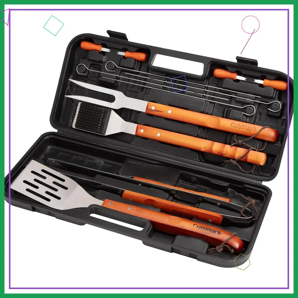 

13-Piece Wooden Grill Tool Set with Stainless Steel Utensils and Carrying Case, Perfect BBQ Accessories
