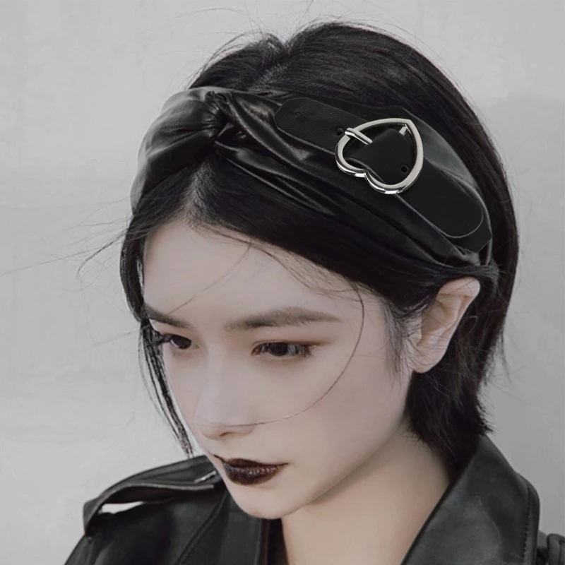 Black Gothic Hair Band Women Hairband Wide Side Leather Headband Solid Color Adult Headwear Hair Accessories