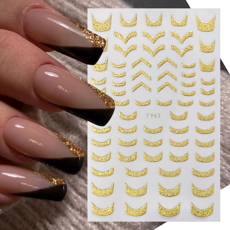 White French Tips 3D Stickers For Nails Silver Gold Stripes Geometric Wave Swirl Line Art Adhesive Sliders For Manicure Decor