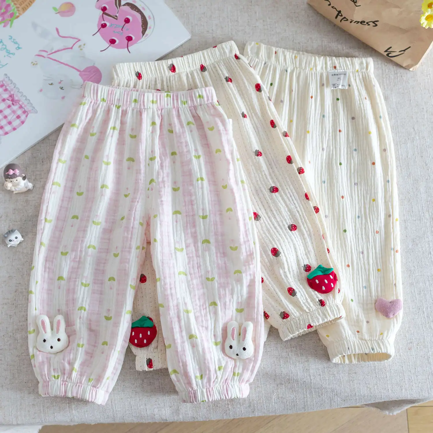 Kids Girls Thin Pants Strawberry Print Elastic Waist Baggy Ankle Length Trousers 1-6Y Children Summer Versatile Outfits Clothes