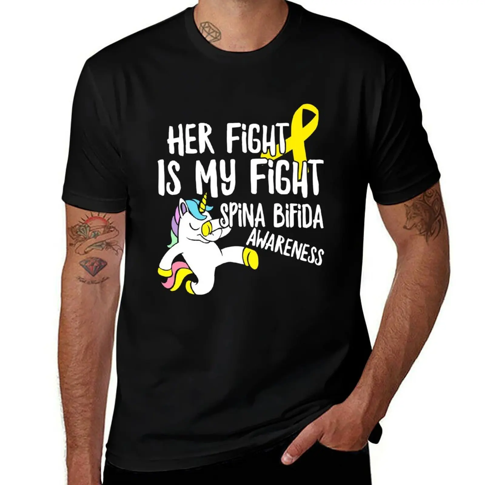 Spina Bifida Awareness Cute Unicorn Her Fight Is My Fight Yellow Ribbon Love Family Mom Baby Support Gift T-Shirt