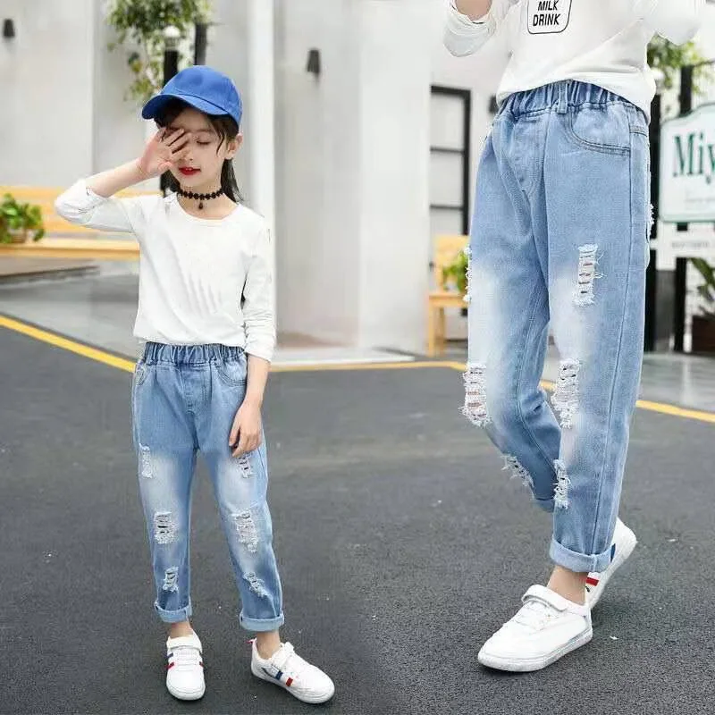 Cartoon Bear Girls Jeans Spring Autumn Children\'s Wear Girls\' Denim Trousers Teenage Kids Casual Loose Pants 2 4 6 8 10 12 Years