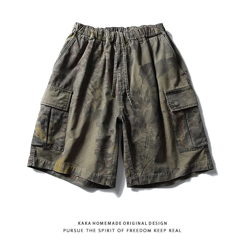 

Japanese Streetwear Heavyweight Creative Print Waed Workwear orts Men Summer Loose Straight Casual Wide Leg Five-Quarter ...