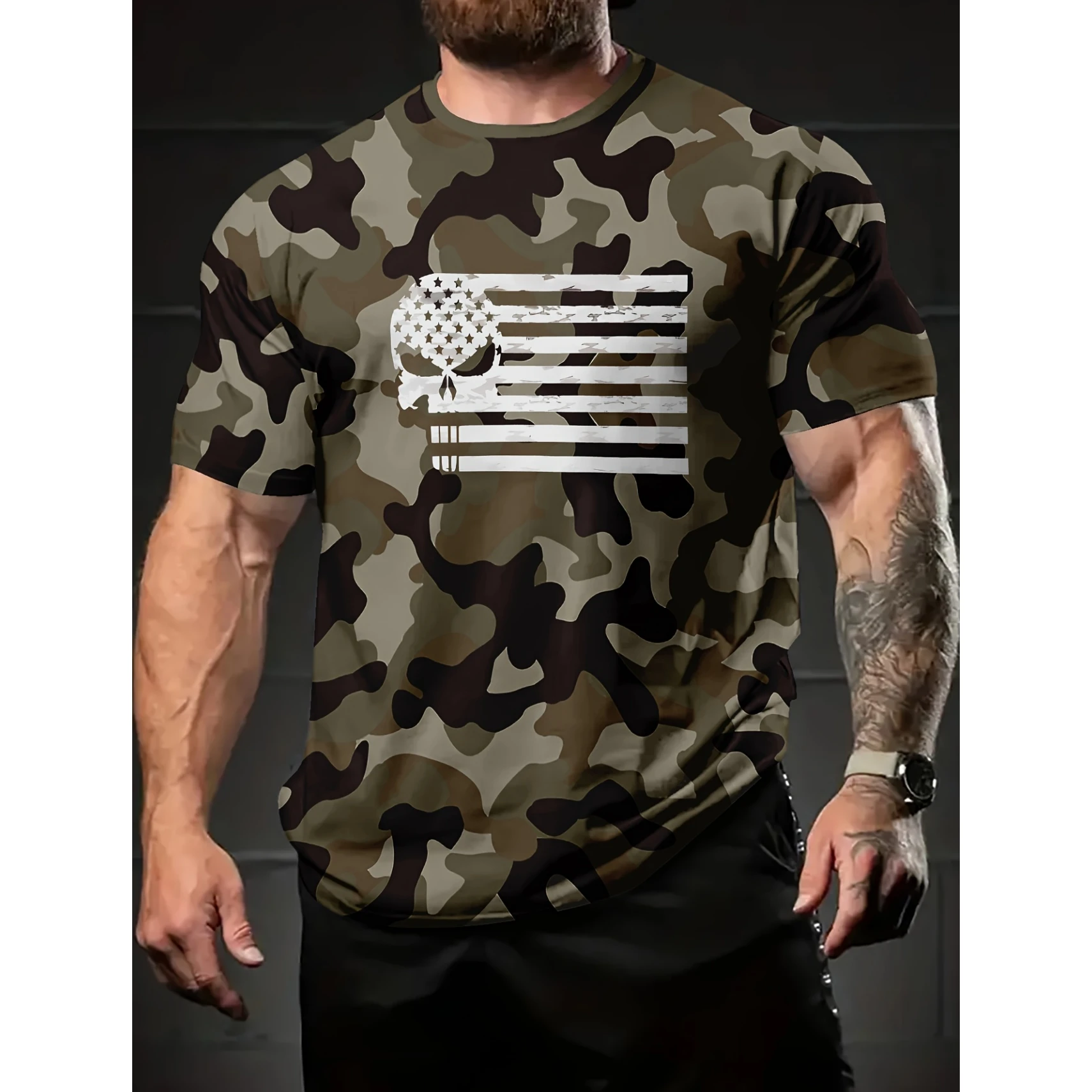 Fashion American Flag Graphic Print Camouflage Color Muscle T-Shirt Men Gym Fitness Workout Clothing Summer Daily Casual T Shirt