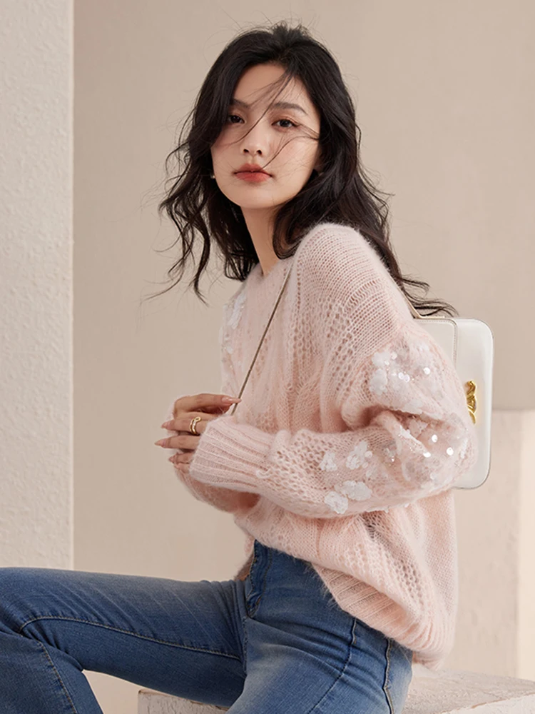 Pink Hollow Out Pullover Sweater Women Korean Gentle Wind O-Neck Long Sleeve Knitwear Autumn Lazy Style Sweet Loose Knit Tops