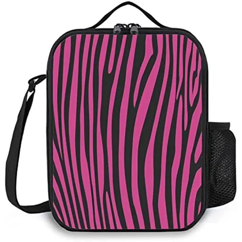 Pink Zebra Insulated Lunch Bag for Women Men Animal Wilderness Pattern Reusable Lunch Box for Office Work School Shoulder Strap