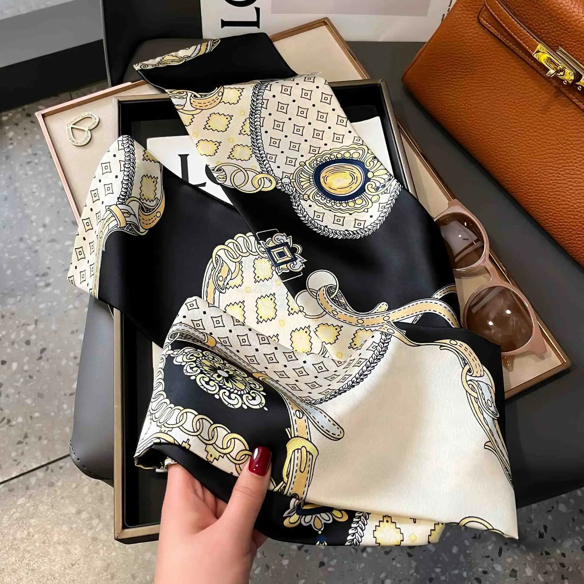 

Шелковый платок-бандана с узором «Лошадиная цепь», длинный, для волос и шеи, женский, тонкий, из мягкого сатина