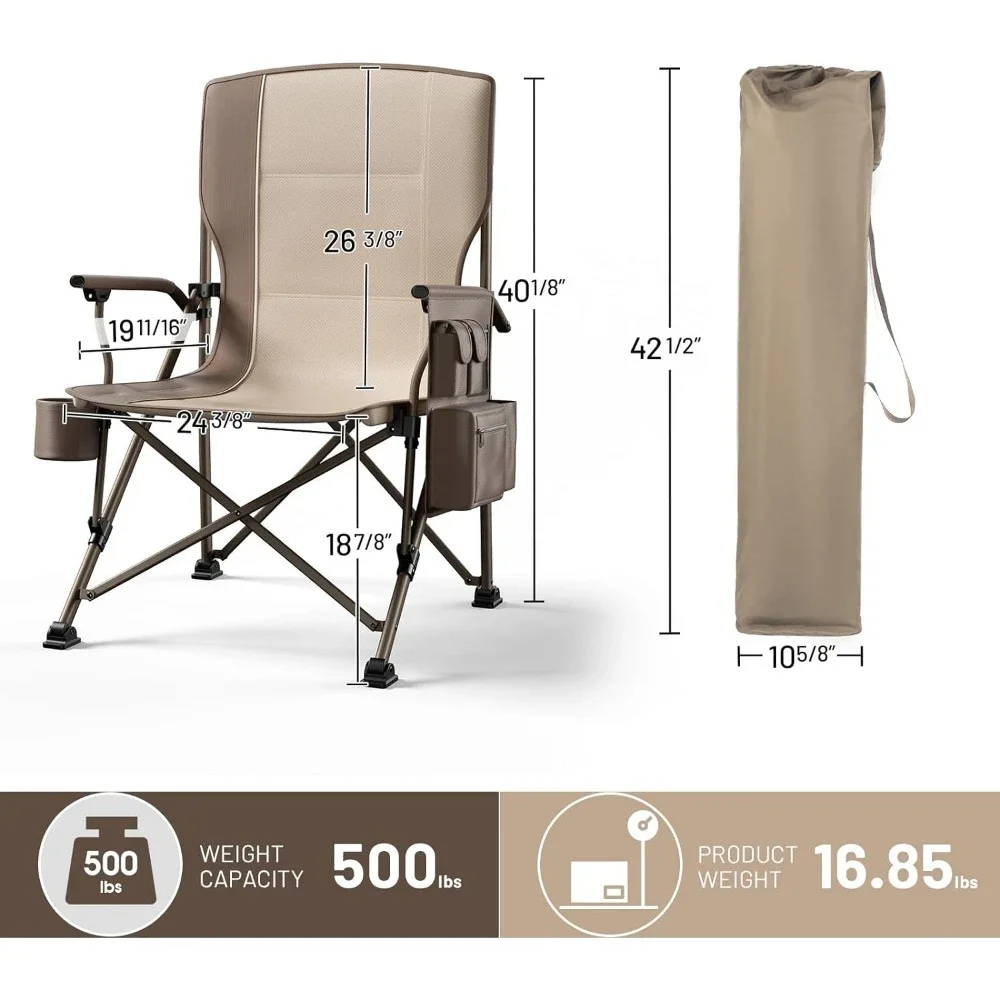 Oversized Folding Camping Chair High Back Heavy Duty for Adults Support up to 500lbs with Cup Holder, Side Pocket Cooler Bag